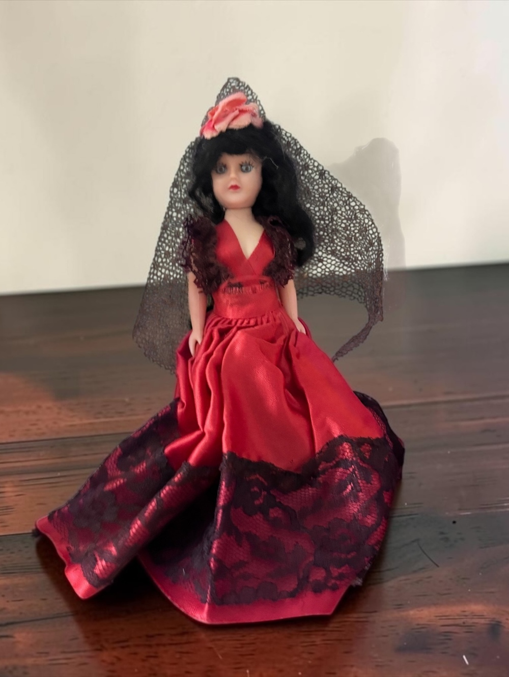 Vintage Porcelain Doll in Red Satin and Black Lace Dress